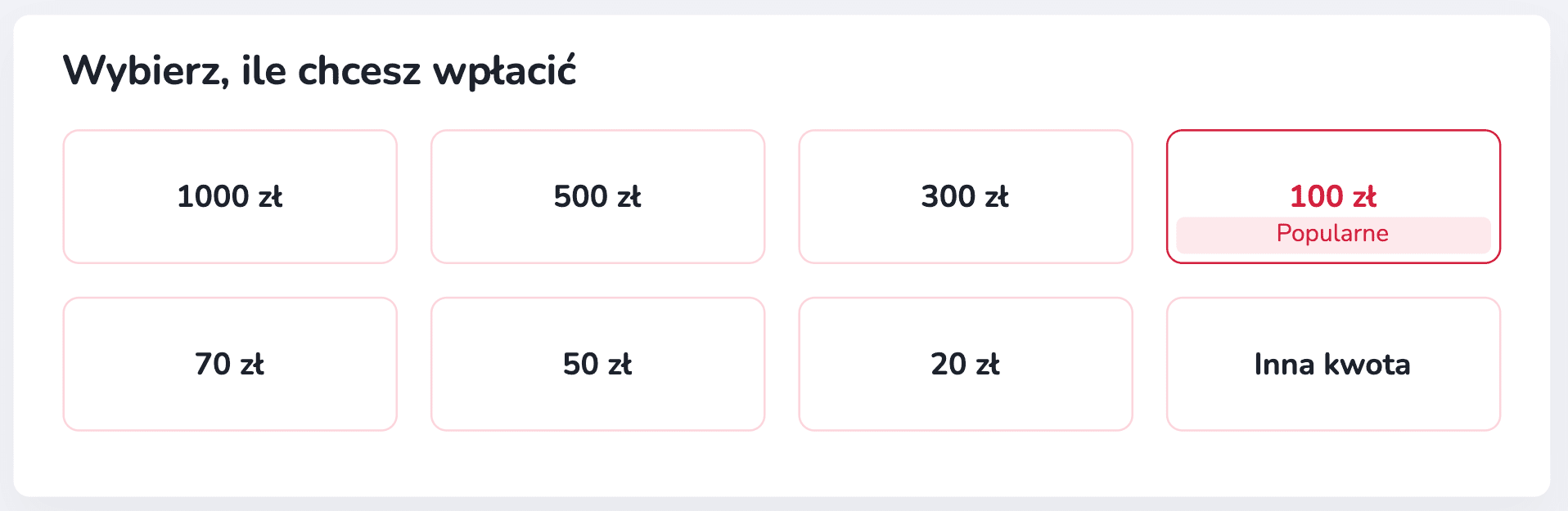 Ekran z gotowymi propozycjami kwot wpłaty oraz opcją wpisania innej kwoty. Kwota "100 zł" jest oznaczona jako popularna.