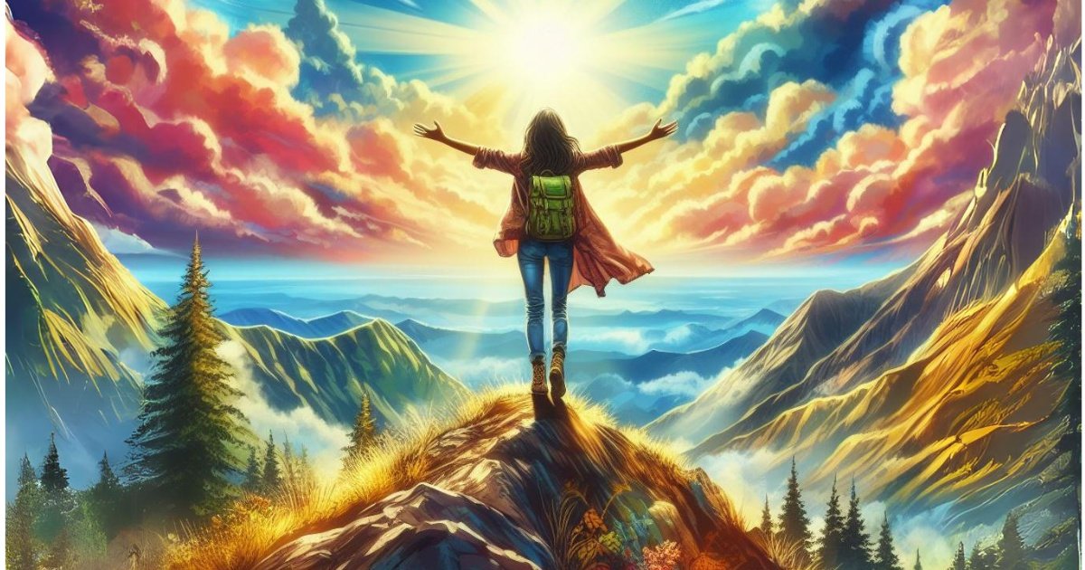 Kobieta stoi na szczycie góry i rozkłada ręce w geście tryumfu. Na niebie widać zachodzące słońce i niebiesko-różowe obłoki. Przed kobietą rozpościera się krajobraz wysokich, ostrych szczytów skalistych gór.