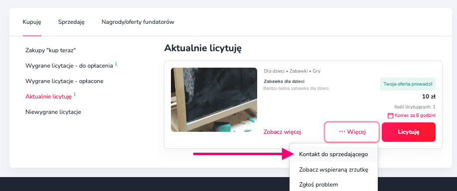 Rozwijane menu dostępne dla licytujących zawiera opcję "Kontakt do sprzedającego"
