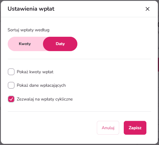 Widok ustawień wpłat cyklicznych dla zwykłej zrzutki