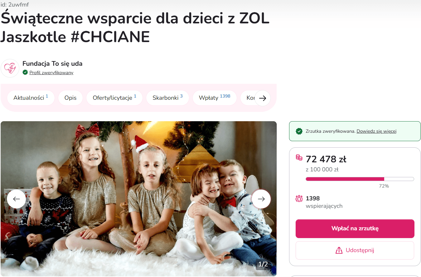 Zrzut ekranu zrzutki Fundacji To się uda 