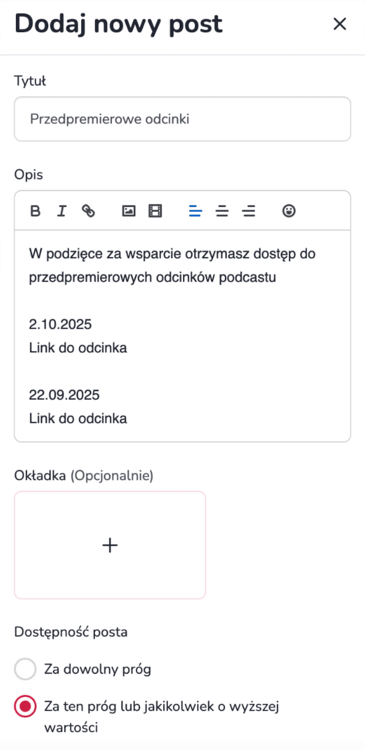 Panel zarządzania progami wsparcia – edycja i organizacja poziomów w zrzutce cyklicznej