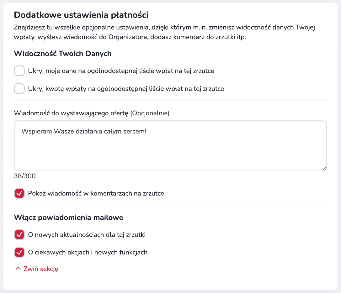 Ekran dodatkowych ustawień płatności, gdzie użytkownik może ukryć swoje dane lub kwotę wpłaty oraz dodać wiadomość do organizatora. Widoczna jest także opcja włączenia powiadomień mailowych.