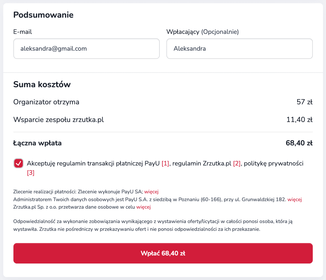 Ekran podsumowania wpłaty pokazujący adres e-mail, nazwę wpłacającego oraz rozbicie kwoty na część dla organizatora i dobrowolne wsparcie serwisu. Na dole znajduje się przycisk finalizujący płatność.