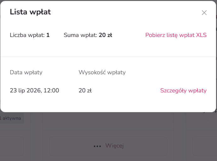Zrzut ekranu pokazujący listę wpłat oraz przycisk umożliwiający pobranie danych w pliku XLS