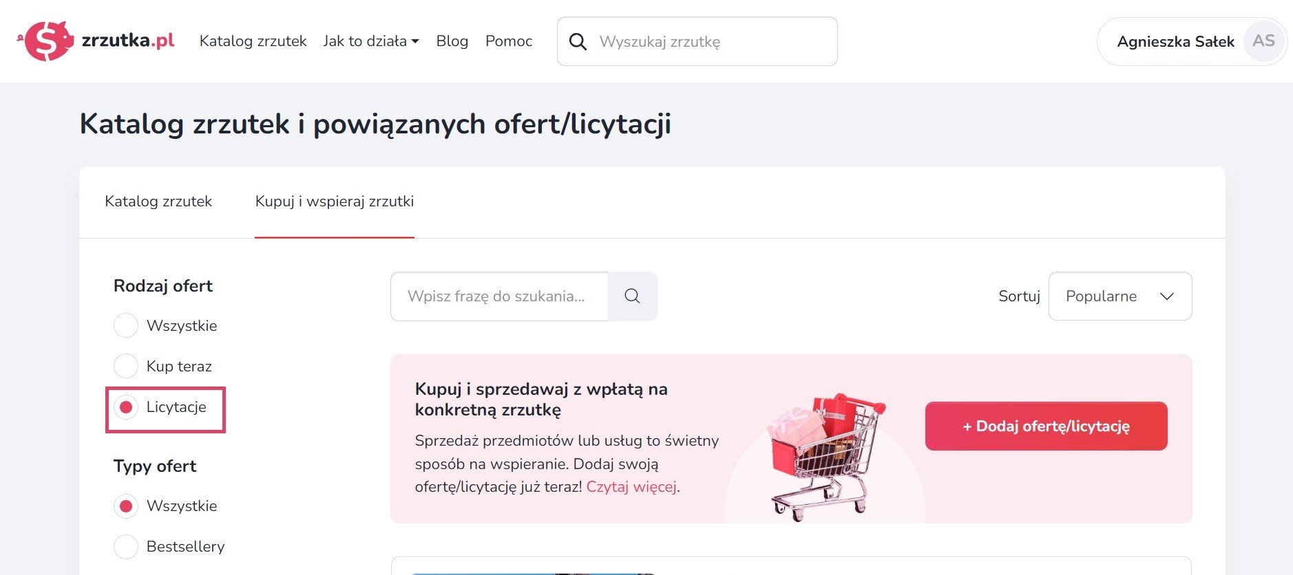 Filtr "licytacje" znajduje się po lewej stronie w katalogu ofert