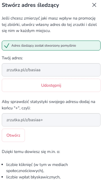 Widok mobilny z utworzonym i aktywnym linkiem, wyświetlonym adresem URL oraz opcją jego skopiowania