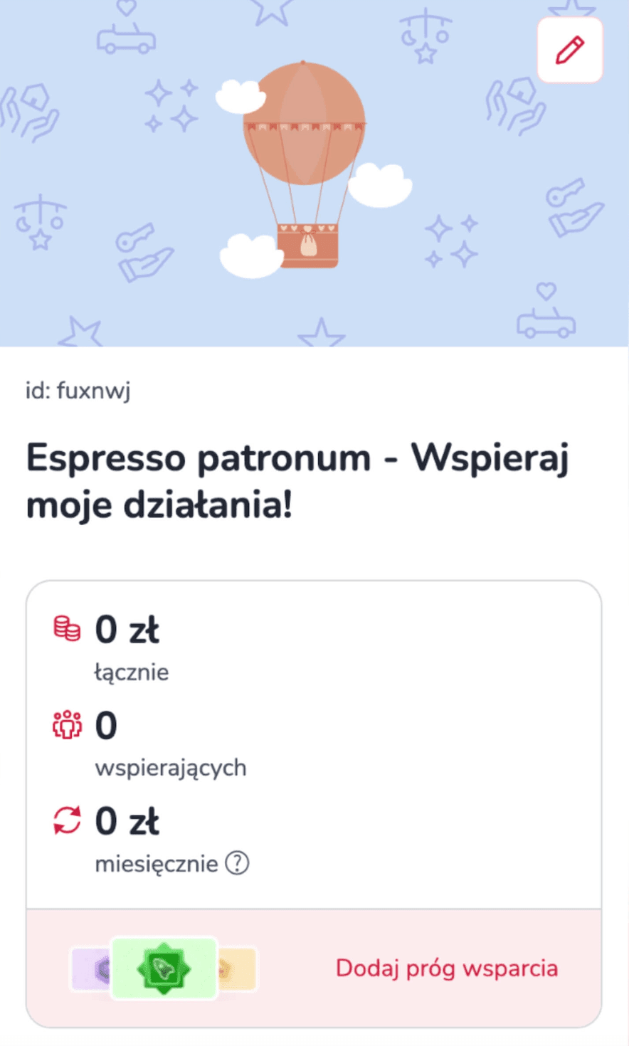 Panel zrzutki cyklicznej – podsumowanie zbiórki z przyciskiem „Dodaj próg wsparcia”
