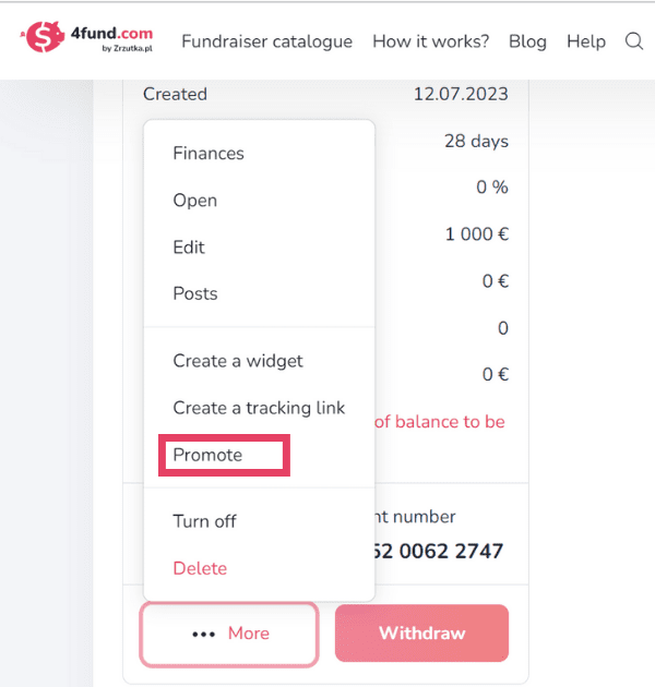 Veduta estiża tal-menu "Aktar". Minn fuq, għażliet:Finanzi, Iftaħ, Editja, Karigi, Oħloq widget, Oħloq link ta 'traċċar, Ippromwovi, Itfi, Ħassar. L-għażla Tippromwovi hija magħżula.