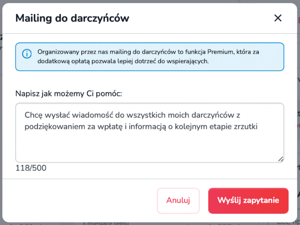 Formularz wysyłki wiadomości do darczyńców, w którym organizator może wpisać treść wiadomości, a platforma zajmuje się jej rozesłaniem.