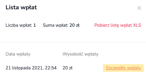 Zrzut ekranu pokazujący listę wpłat oraz przycisk umożliwiający pobranie danych w pliku XLS