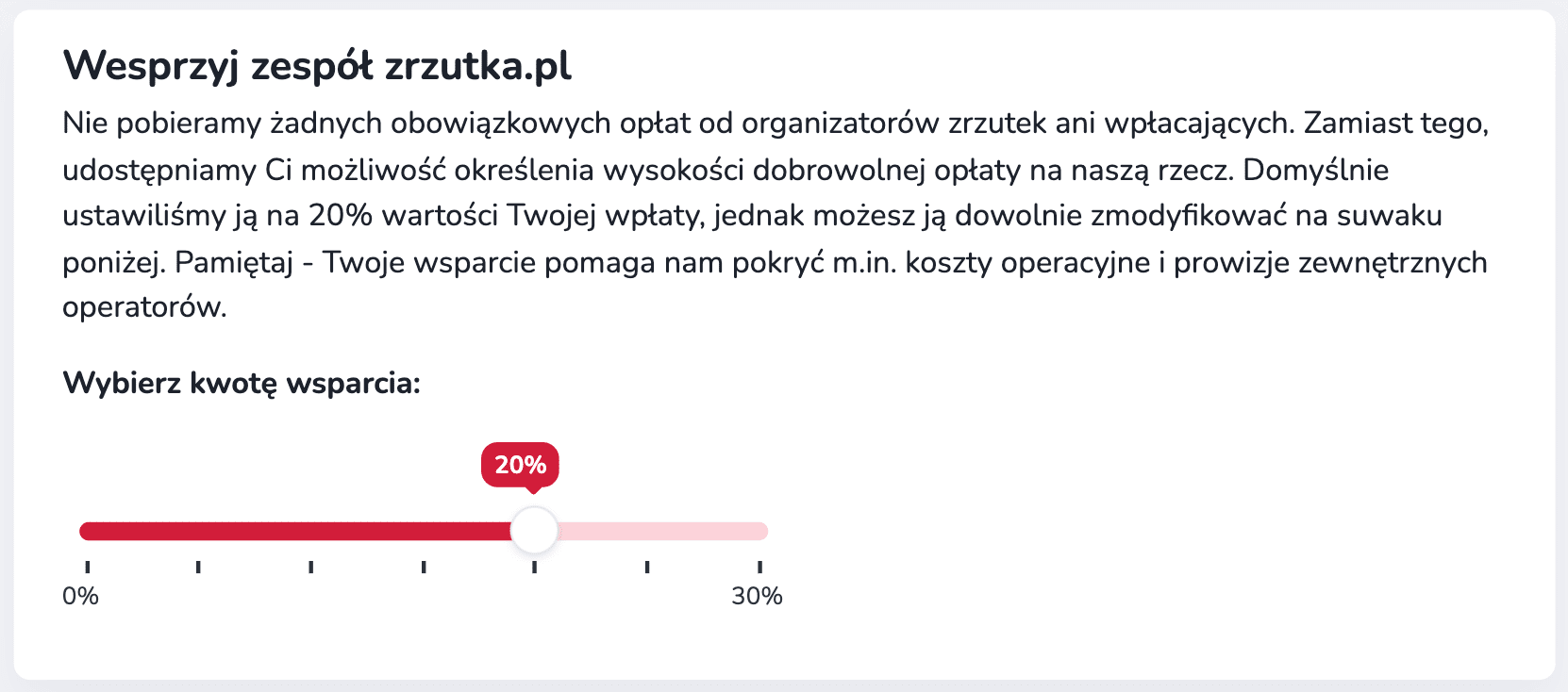 Widok suwaka umożliwiającego wybór wysokości dobrowolnego wsparcia dla platformy. Domyślnie ustawiona wartość wynosi 20%, z możliwością zmiany.