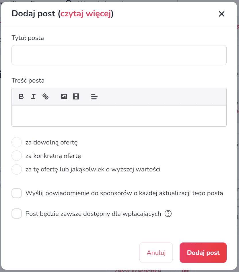 Widok okna dodawania postu do oferty/licytacji. W górnej części należy wprowadzić tytuł i treść posta. Poniżej można zaznaczyć, czy ma być dostępny za dowolną ofertę, za konkretną ofertę czy za ofertę o określonej lub wyższej wartości