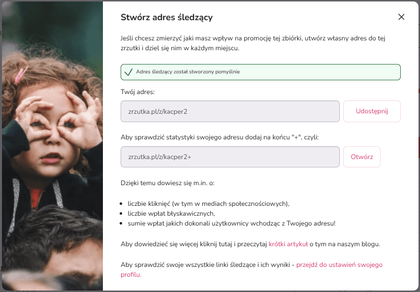 Widok mobilny z utworzonym i aktywnym linkiem, wyświetlonym adresem URL oraz opcją jego skopiowania