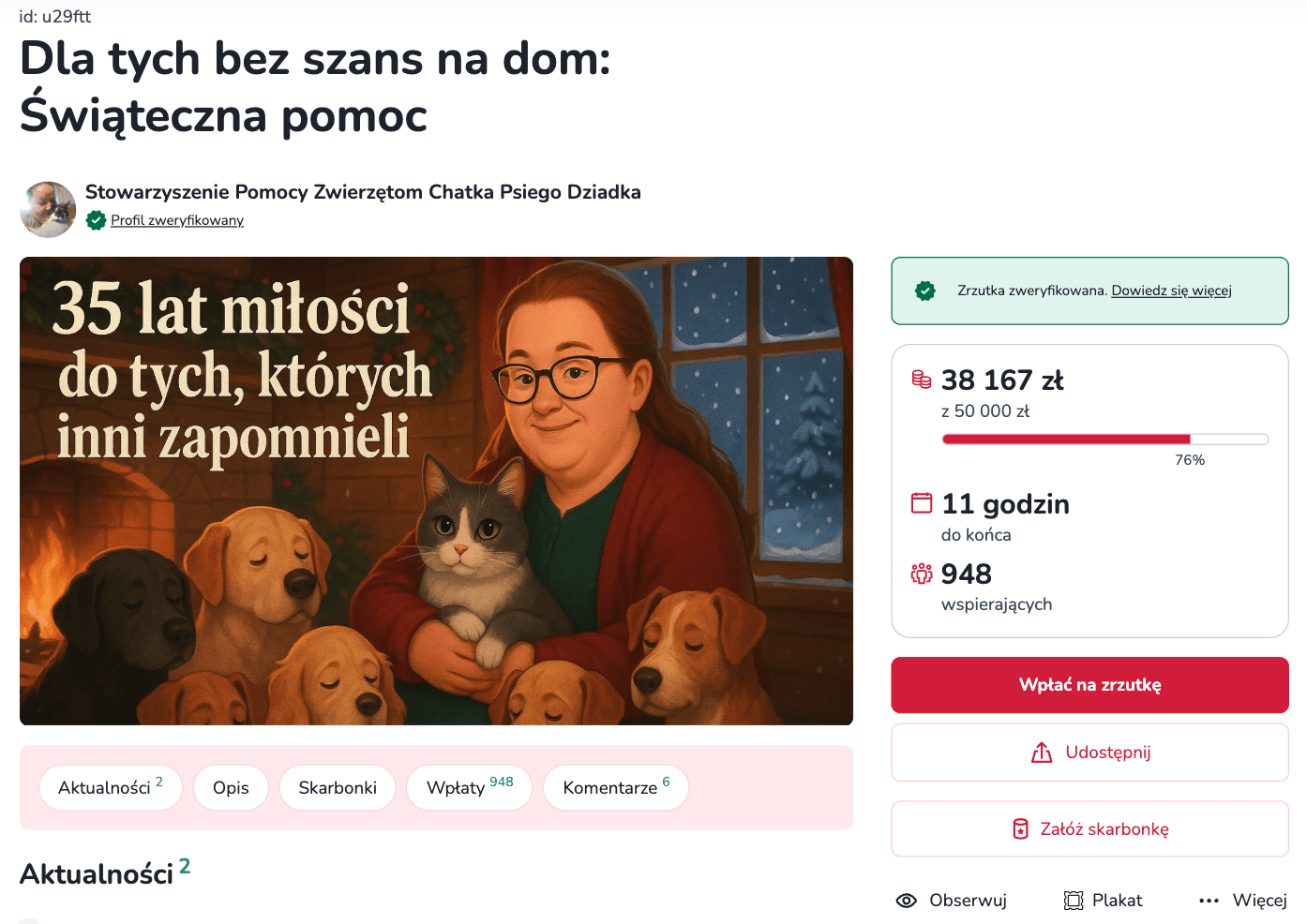 Zrzut ekranu pokazujący zrzutkę zweryfikowanej organizacji.