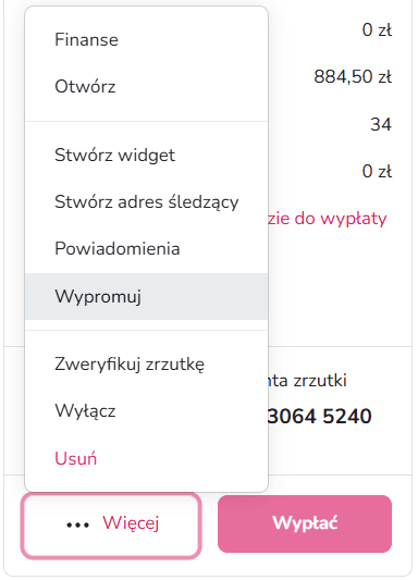 Zrzut ekranu pokazujący wypromowanie zrzutki