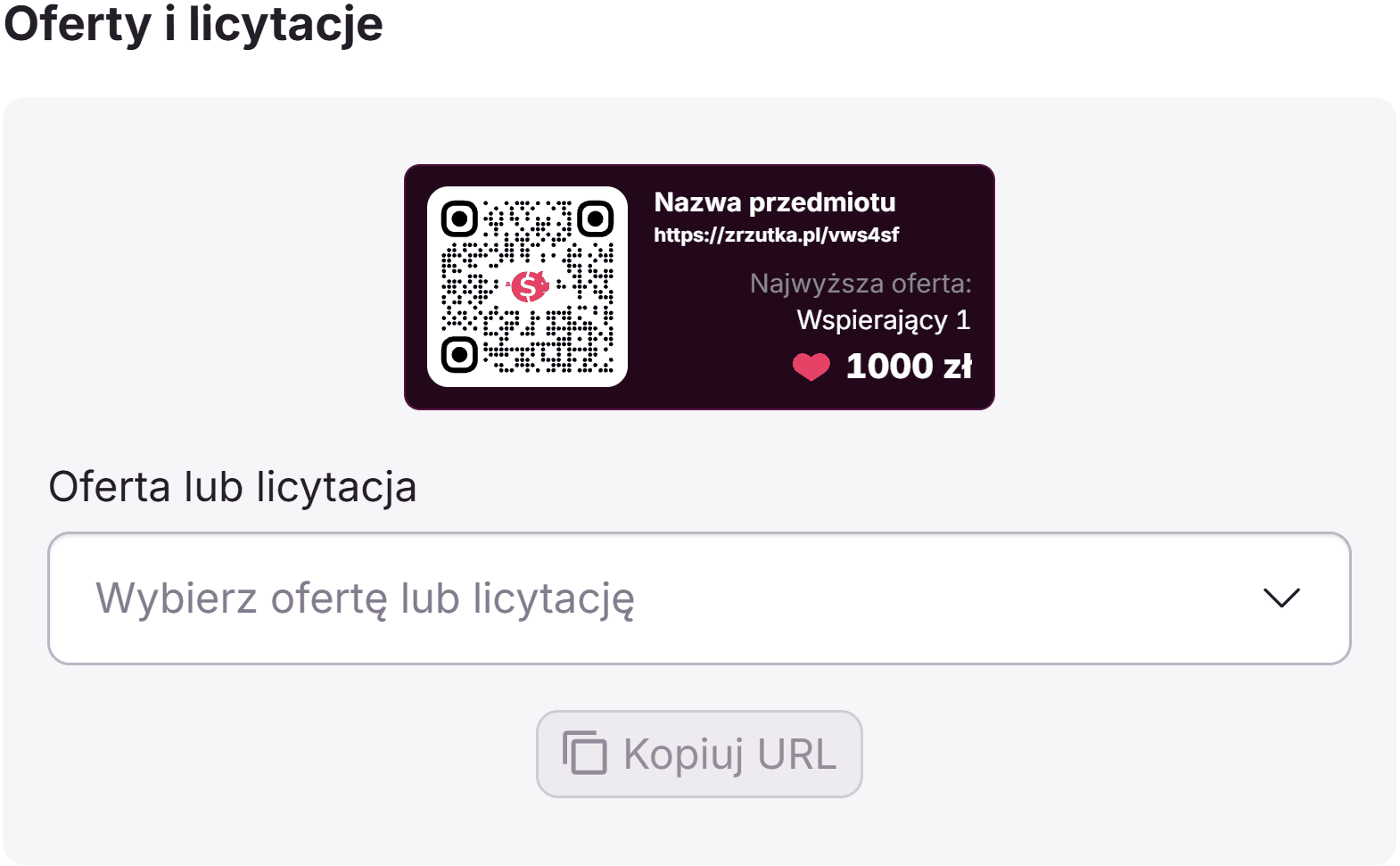 Widget do prezentowania oferty lub licytacji ze zrzutki podczas transmisji