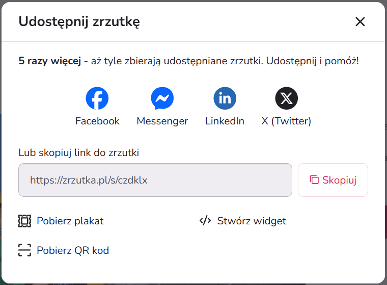 Widok dostępnych opcji udostępnienia skarbonki