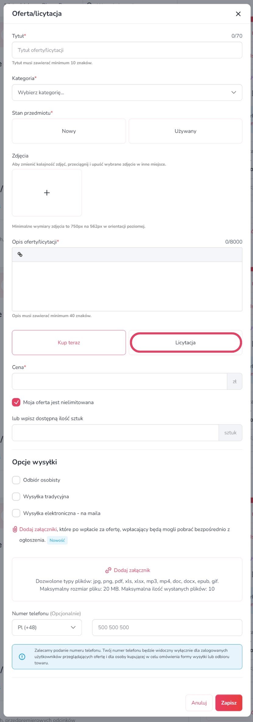 Formularz dodawania oferty na zrzutka.pl. Pod polem na opis znajdują się 2 formy sprzedaży do wyboru: kup teraz oraz licytacja