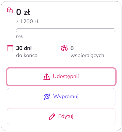 Opcja „Udostępnij” na stronie zrzutki, od której rozpoczyna się tworzenie widgetu