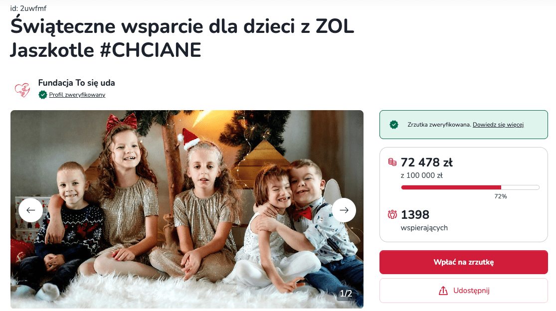 Zrzut ekranu zrzutki Fundacji To się uda 