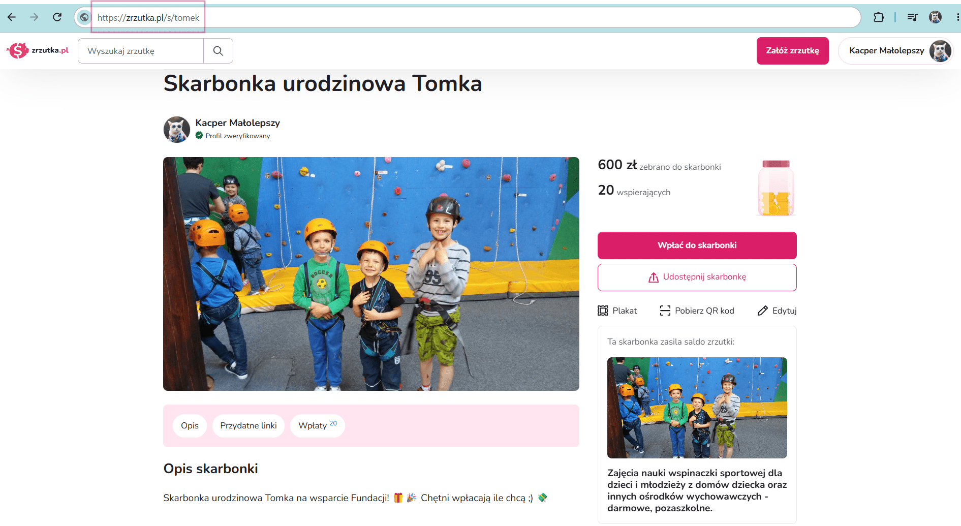 Widok udostępnienia i aliasu skarbonki