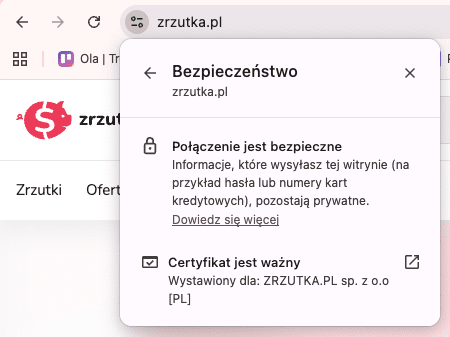 Zrzut ekranu pokazujący, że strona https://zrzutka.pl to bezpieczne połączenie.