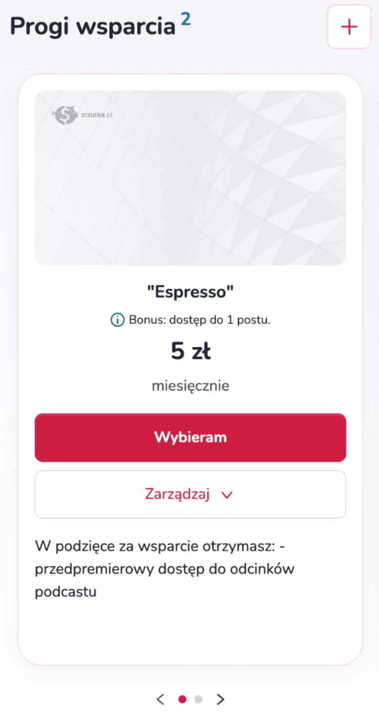 Widok progów wsparcia na stronie zrzutki – prezentacja poziomów dla darczyńców