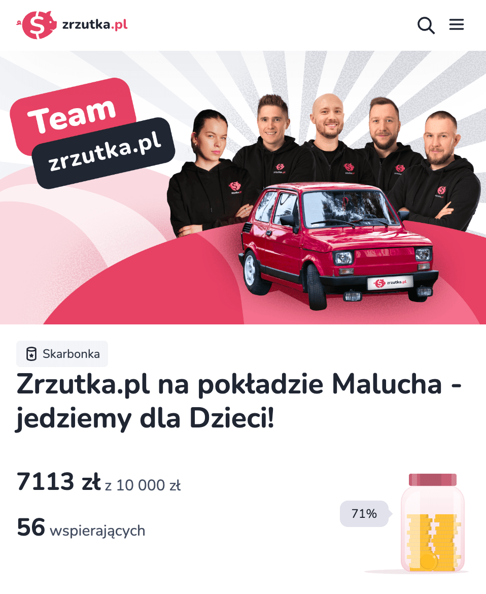 Zrzut ekranu pokazujący widok skarbonki firmy Zrzutka.pl