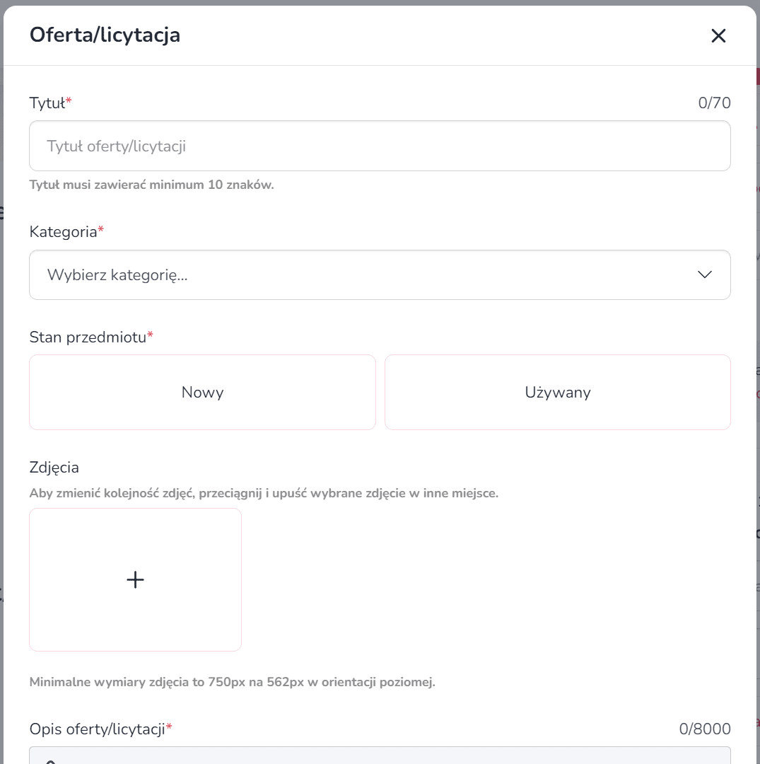 Widok pierwszej części okna dodawania oferty/licytacji. Od góry należy podać tytuł, kategorię i stan przedmiotu oferty bądź licytacji. Poniżej znajduje się pole na dodanie zdjęcia.