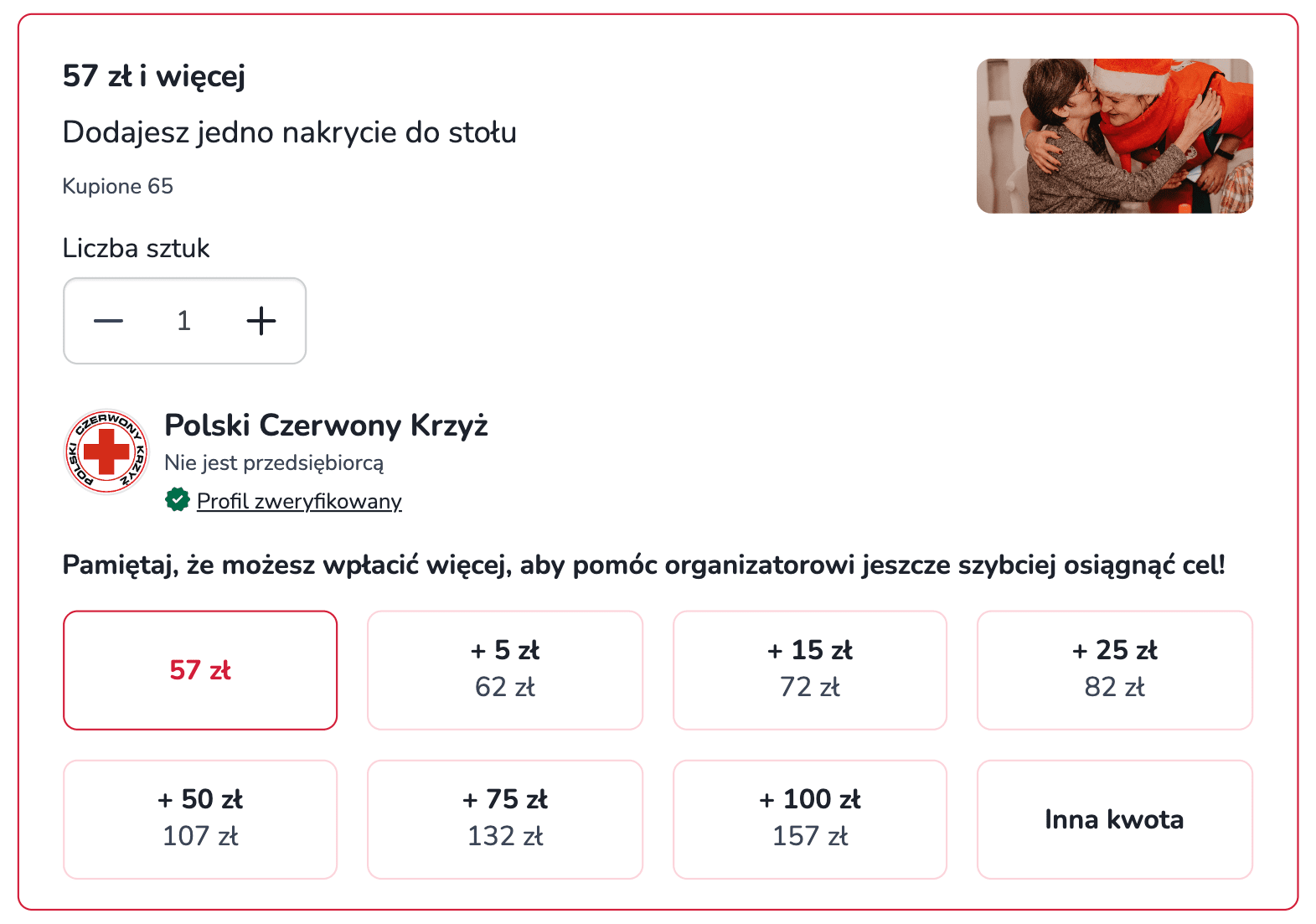 Widok zakupu oferty na zrzutce z możliwością wyboru liczby sztuk i zwiększenia kwoty wsparcia. Pokazana jest zweryfikowana organizacja (Polski Czerwony Krzyż) oraz sugerowane kwoty dodatkowej wpłaty.