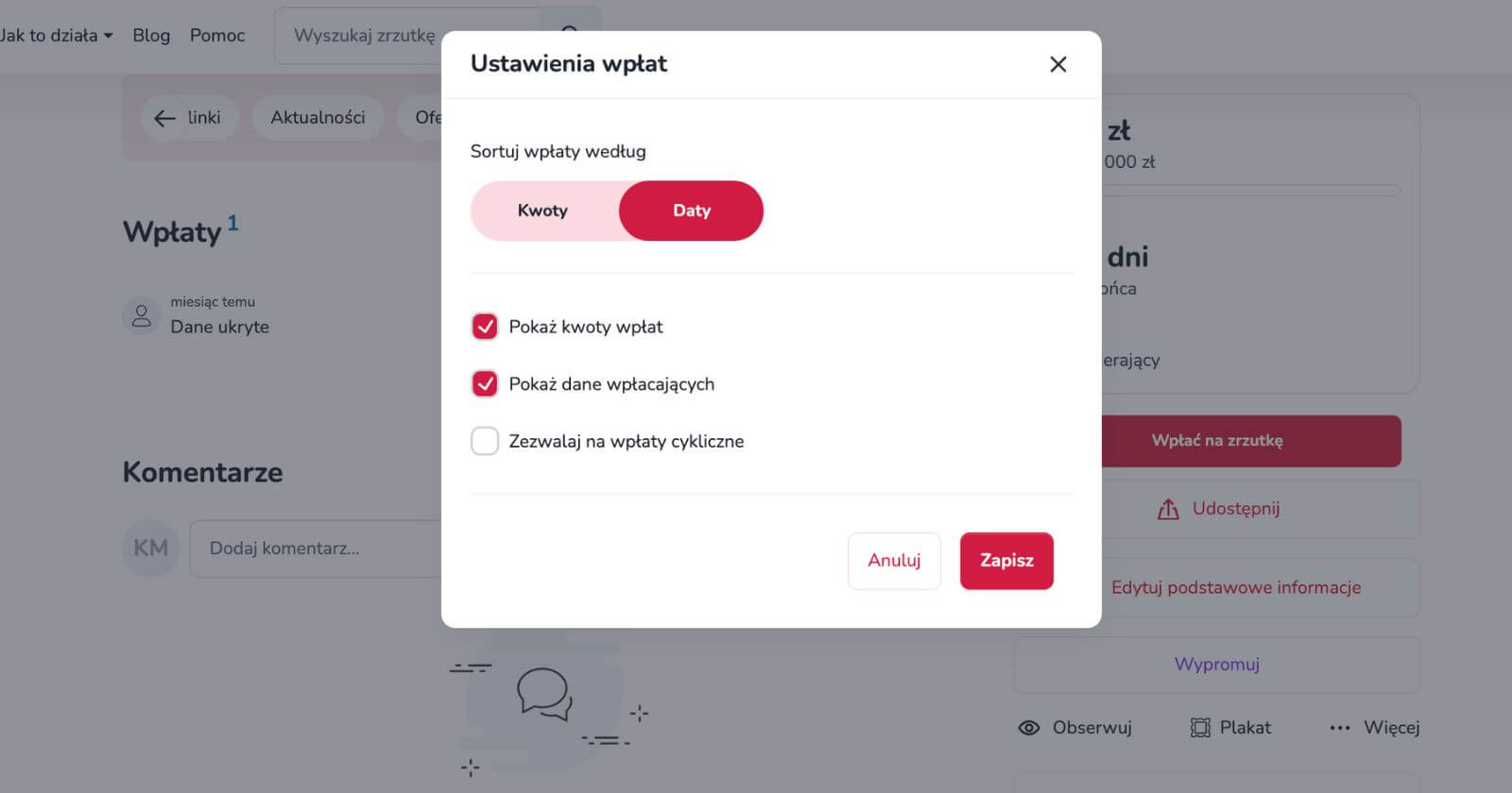 Okno ustawień wpłaty na zrzutce.