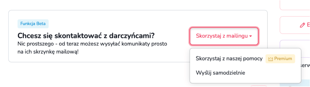 Widok funkcji mailingu do darczyńców, umożliwiającej wysyłanie wiadomości z podziękowaniami lub informacjami o zbiórce.