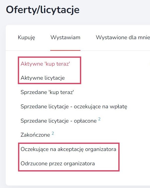 Zakładka "wystawiam" w menu ofert/licytacji zawiera opcje aktywne kup teraz, aktywne licytacje, oczekujące na decyzję Organizatora oraz odrzucone przez Organizatora