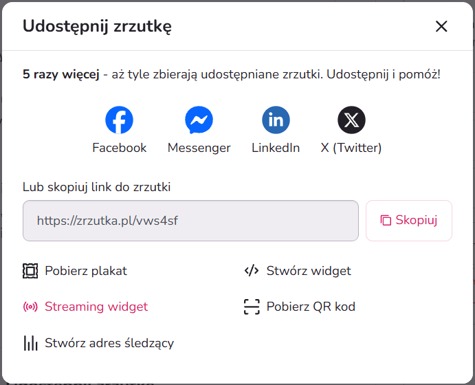 Wybór widgetu live do wyświetlania informacji o zbiórce podczas streamu
