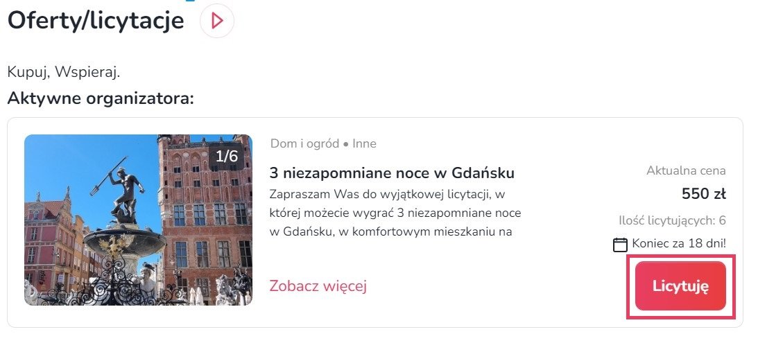 Przycisk "licytuj" znajduje się w prawym, dolnym rogu widoku oferty