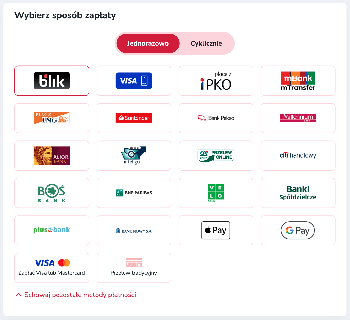 Ekran wyboru metody płatności jednorazowej na Zrzutka.pl. Użytkownik może zapłacić m.in. BLIKIEM, kartą Visa/Mastercard, szybkim przelewem bankowym, Apple Pay, Google Pay lub przelewem tradycyjnym.