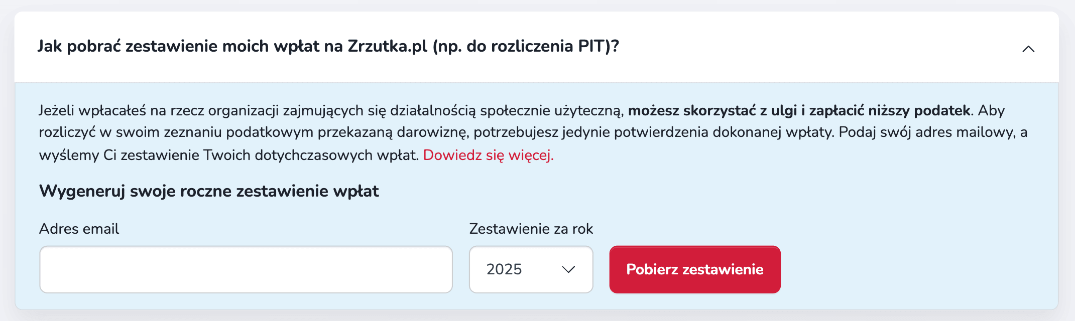 Zrzut ekranu pokazujący jak pobrać zestawienie moich wpłat na Zrzutka.pl, gdzie wystarczy wpisać swojego maila.