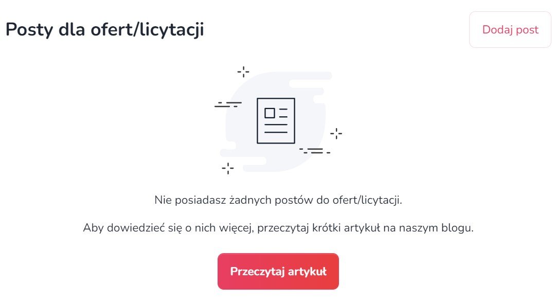 Widok sekcji posty do ofert/licytacji. Po prawej stronie znajduje się przycisk "dodaj post".