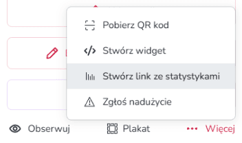 Widok mobilnego panelu z widocznym przyciskiem opcji utworzenia linku śledzącego w ustawieniach zrzutki na Zrzutka.pl