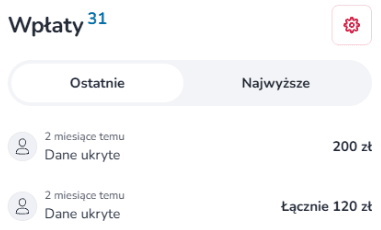 Widok mobilnej zakładki „Wpłaty” na stronie zrzutki w Zrzutka.pl z przełącznikiem „Ostatnie / Najwyższe” oraz listą wpłat (np. „Dane ukryte”) i kwotami po prawej stronie