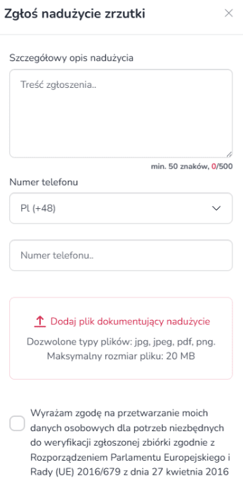 Widok mobilnego okna zgłoszenia nadużycia w Zrzutka.pl z polem do wpisania treści zgłoszenia oraz przyciskami anulowania i wysłania zgłoszenia