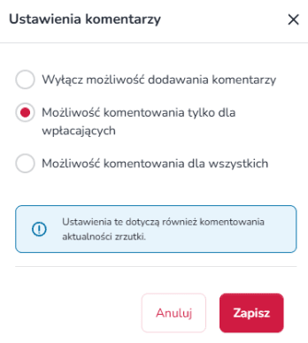 Widok mobilnych ustawień komentarzy w panelu zrzutki na Zrzutka.pl z przełącznikami konfiguracji, opcją moderacji oraz przyciskiem zapisania zmian