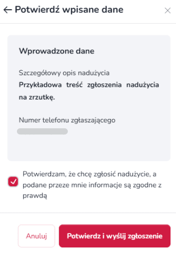 Widok mobilnego potwierdzenia wysłania zgłoszenia nadużycia w Zrzutka.pl z komunikatem o przyjęciu zgłoszenia