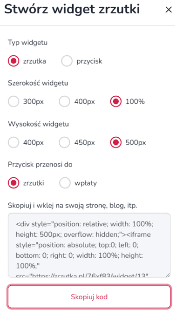 Widok mobilnych opcji tworzenia widgetu zrzutki na Zrzutka.pl z wyborem typu widgetu oraz ustawieniami jego wyglądu