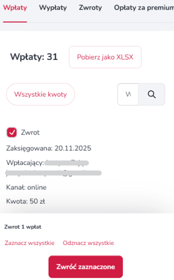Widok mobilnych ustawień finansów zrzutki na Zrzutka.pl z opcją „Zwroty darowizn”