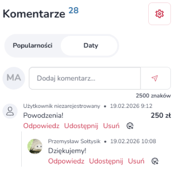 Widok mobilnej sekcji „Komentarze” na stronie zrzutki w Zrzutka.pl z listą wpisów użytkowników, datami dodania oraz polem do napisania komentarza