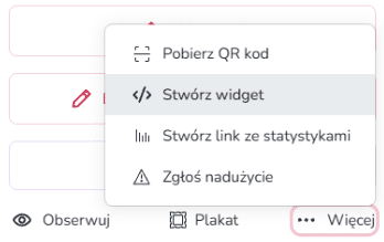 Widok mobilnego menu z opcją wyboru utworzenia widgetu dla zrzutki w serwisie Zrzutka.pl