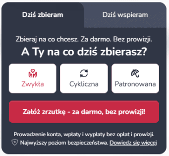 Widok mobilny strony zrzutki na Zrzutka.pl z tytułem zbiórki, paskiem postępu, kwotą zebraną oraz przyciskiem wpłaty