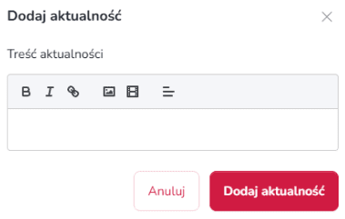 Widok mobilnego formularza dodania aktualności w panelu zrzutki na Zrzutka.pl z polami do wpisania tytułu i treści oraz przyciskiem zapisania/publikacji aktualności